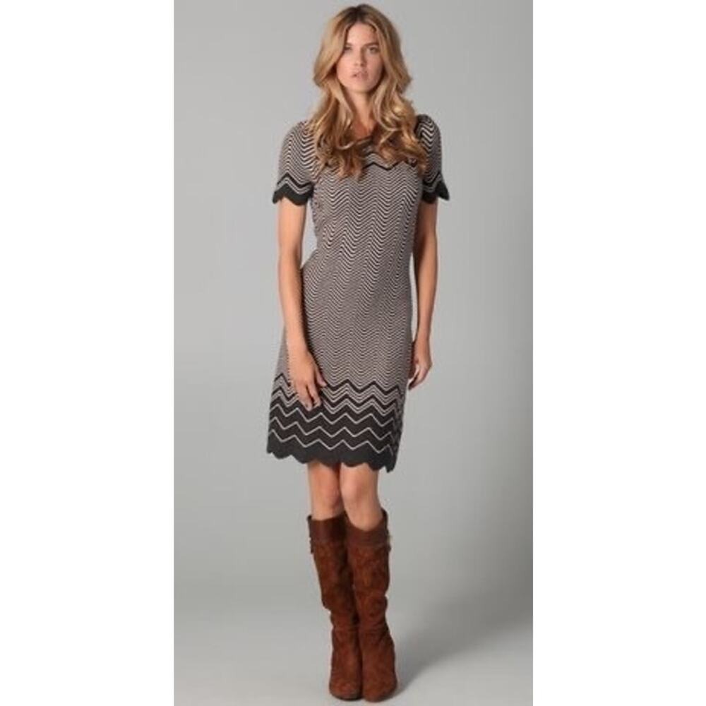 Tory Burch Kent Dark Smoke Walnut Chevron Knit Pattern Wool Dress